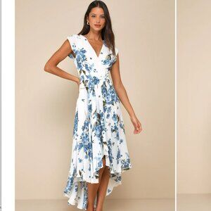 Lulus High Low Wrap Style Sleeveless Dress White and Blue Size L New with tags.